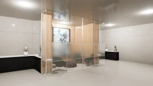 Modern glass and mirror display with elegant lighting and sleek design.