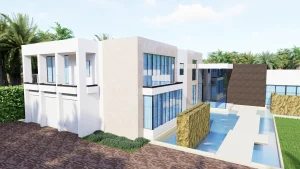 Bright modern glass building with large windows and water feature, high-end crystal glass and mirror accents.