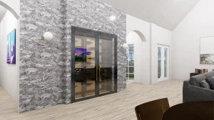 High-end glass wine cellar with black framing and gold handles in modern living space.