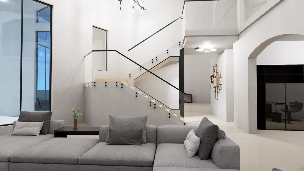 Elegant glass staircase and mirror decor in contemporary living space.