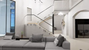 Elegant glass staircase and mirror decor in contemporary living space.