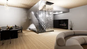 Luxurious glass staircase in a contemporary home with polished glass, marble steps, and sleek surroundings.
