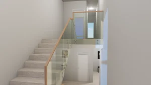 Modern glass staircase railing with wooden handrail, sleek design, and transparent safety glass.