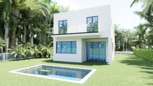 Bright, contemporary home featuring glass doors, large windows, and a pool set in a tropical garden.