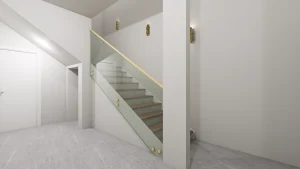 Stylish glass staircase with gold hardware in a contemporary home interior.
