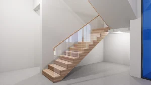 Stunning glass staircase with wood steps and transparent railing, perfect for contemporary interiors.