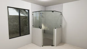 High-quality glass shower door with modern design and secure black hardware. Perfect for contemporary bathroom upgrades.