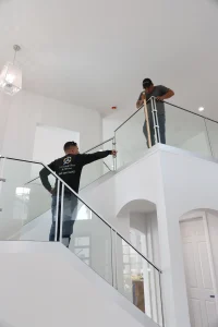 High-quality glass railing for stairs and balconies in modern homes. Custom mirrors and glass solutions.