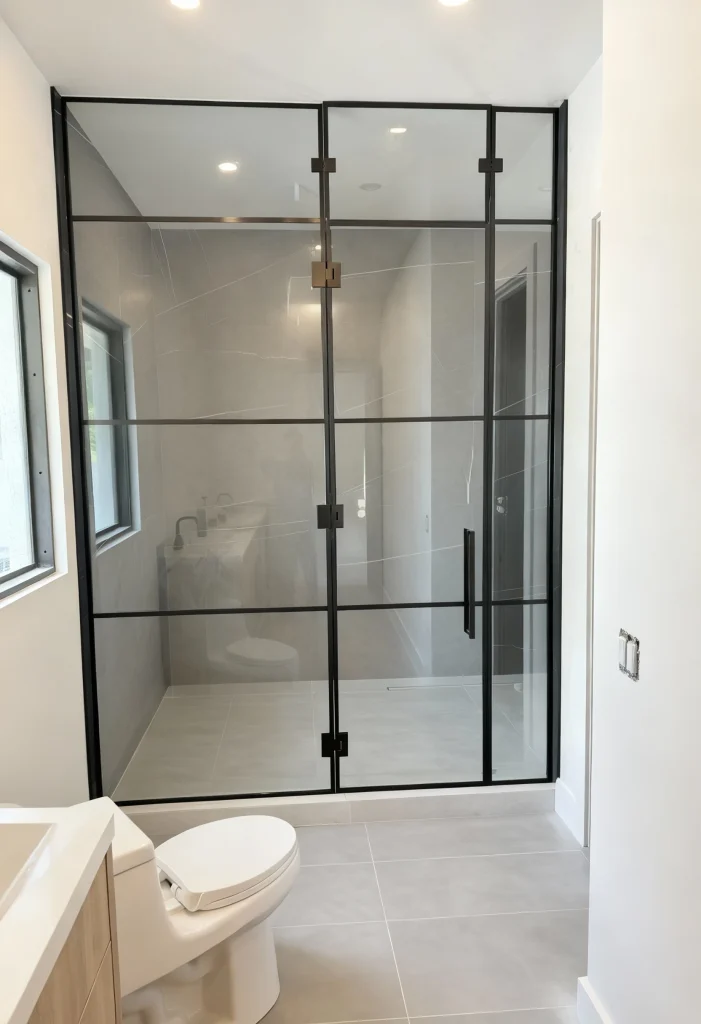 High-quality glass shower door with black metal frame for modern bathrooms.