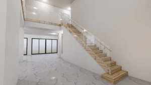 Elegant glass and mirror staircase with wooden treads, ideal for upscale interior designs.