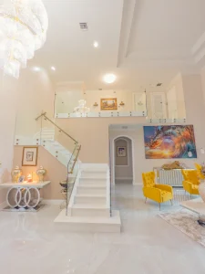 Stunning crystal glass staircase and mirrors enhance home decor with luxury and style.