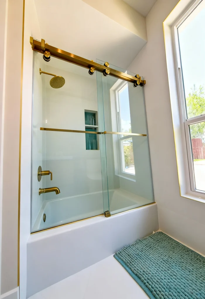 Cambridge sliding frameless tub enclosure with gold rollers, Man O War Road residence