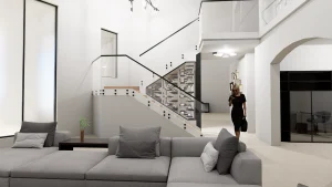 Modern glass and mirror decor in stylish living space. Elegant design with negative space and sleek accents.
