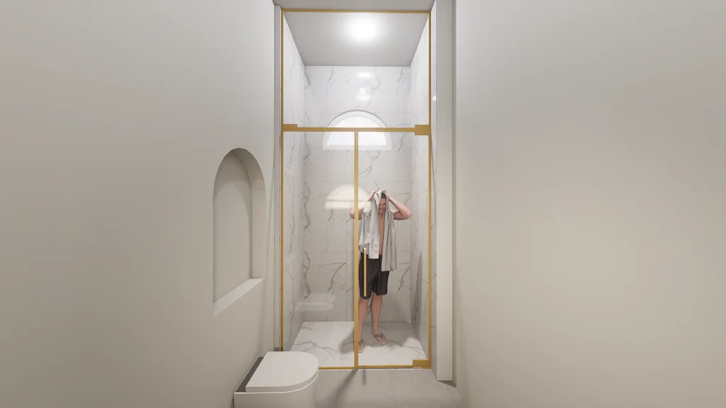 High-quality glass and marble shower with gold trim for luxurious bathroom design.