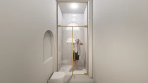 High-quality glass and marble shower with gold trim for luxurious bathroom design.