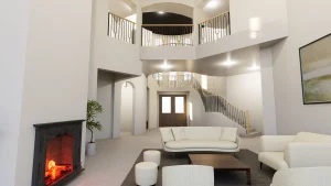 Bright living room with high ceilings, glass accents, and stylish mirrors for sophisticated home decor.