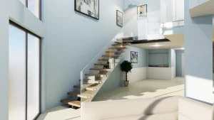 Stylish glass staircase with transparent safety railing in contemporary home decor.