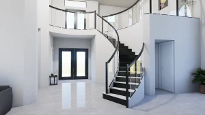 Modern glass and mirror staircase in stylish interior design.
