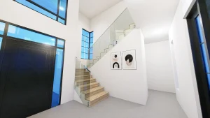 Sleek glass staircase with wooden steps and minimalist design in contemporary home interior.
