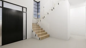 Elegant glass staircase featuring a transparent glass railing, wooden steps, and minimalistic black accents.