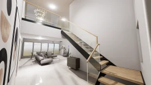 Modern interior with crystal glass railing and sleek staircase.