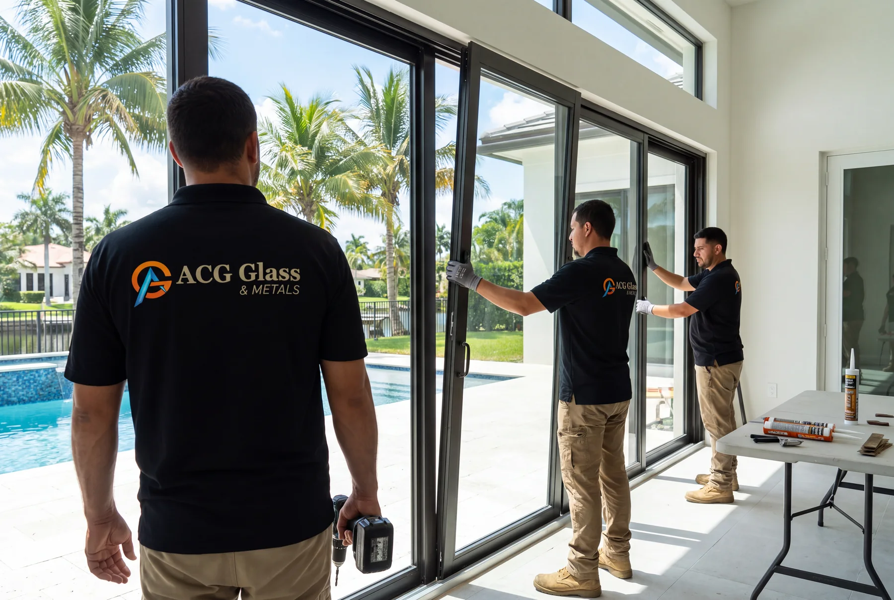 ACG Glass crew installing an impact sliding glass door