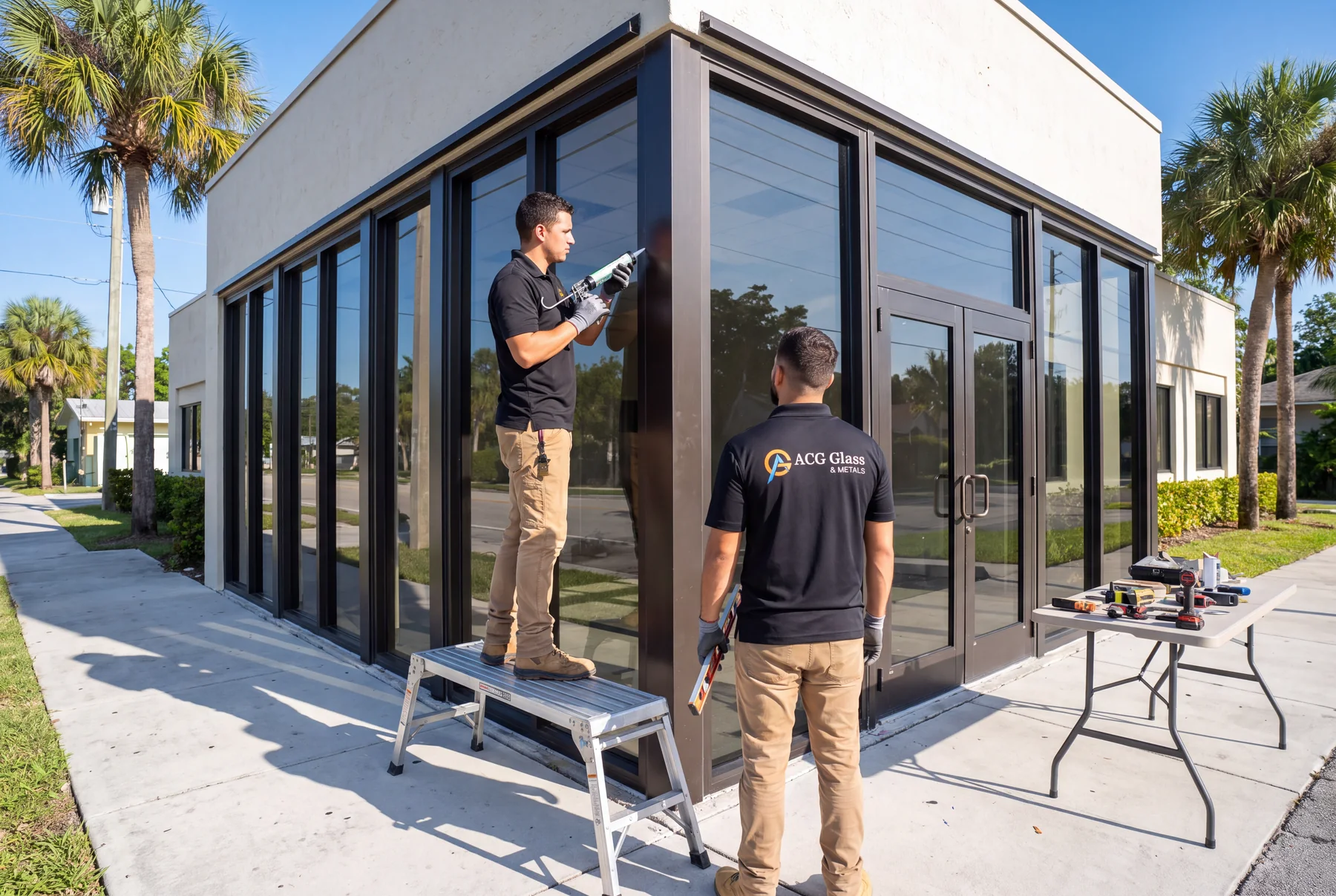 ACG Glass crew sealing a commercial aluminum storefront
