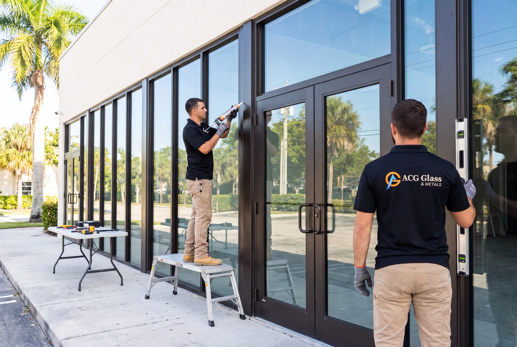 ACG Glass crew working on a commercial glass storefront