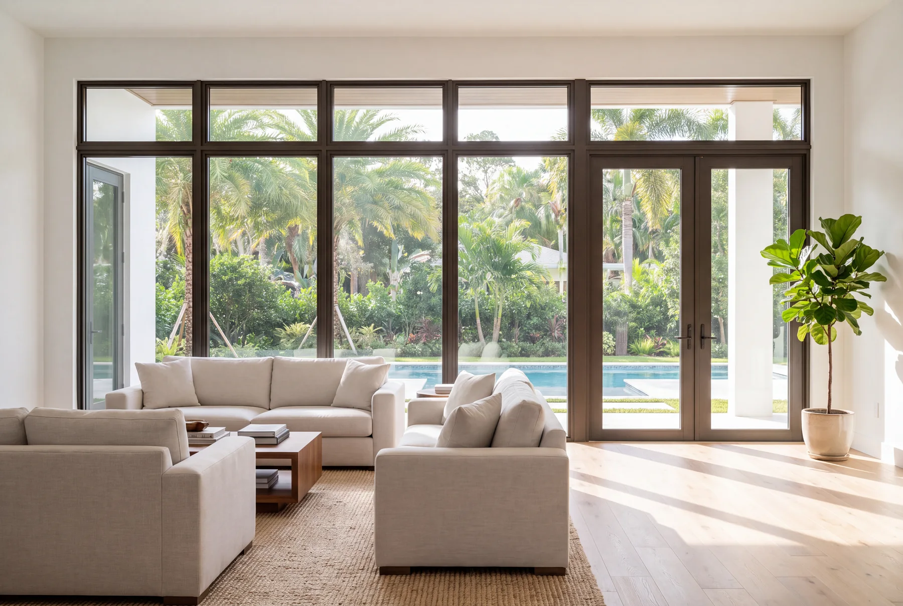 Living room looking out through a wall of impact rated windows and doors