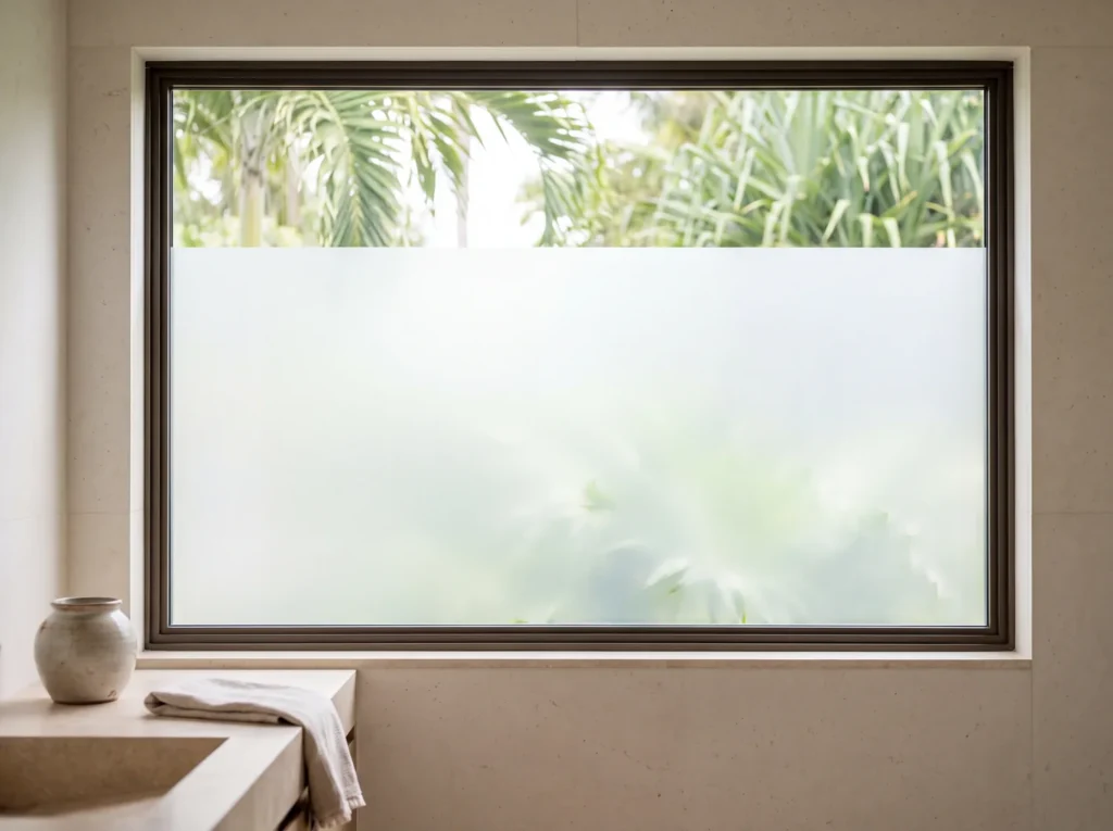 Acid etched glass in a bathroom window, clear above and satin below