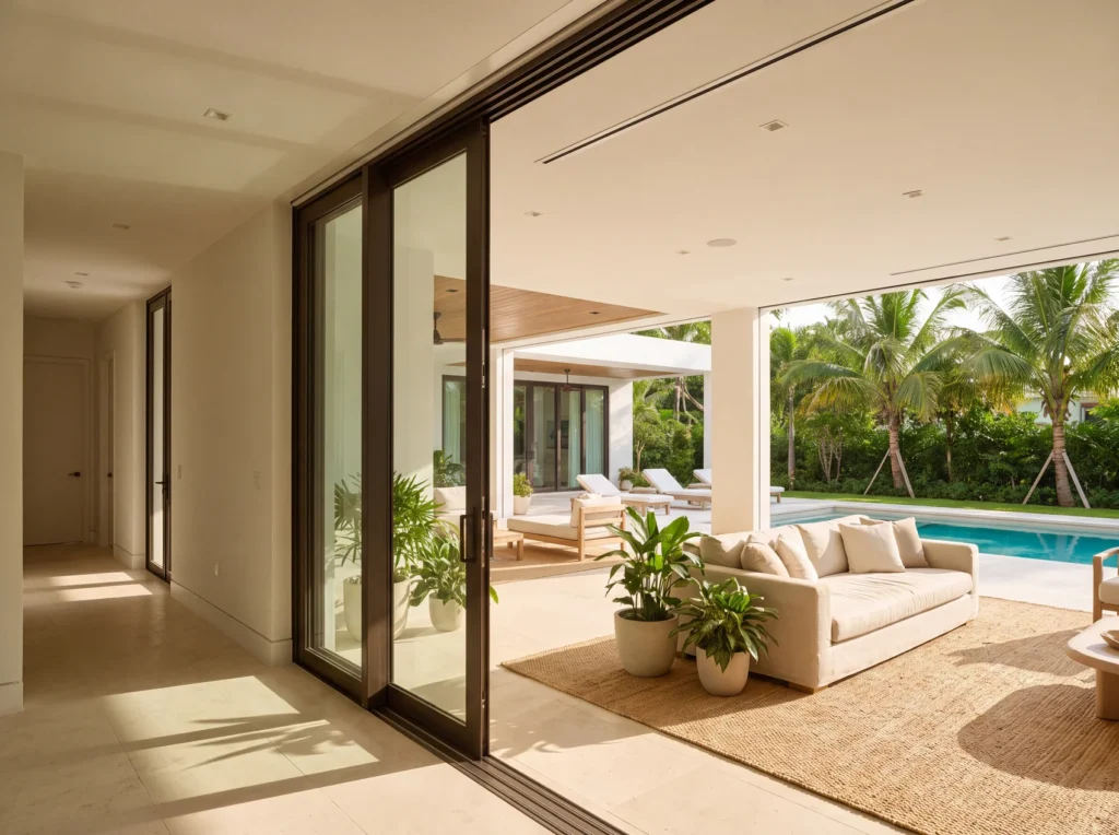 Pocket sliding glass door partly open, panels sliding into the side wall of the room