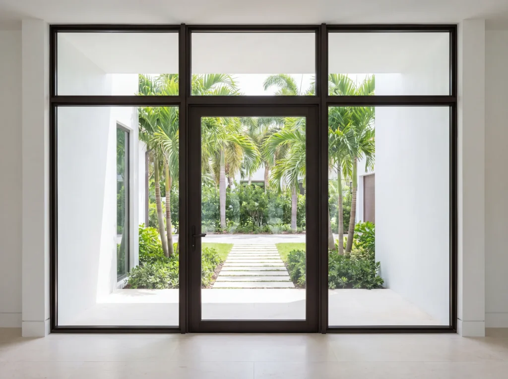 Full height residential glass entry in dark bronze aluminum storefront framing
