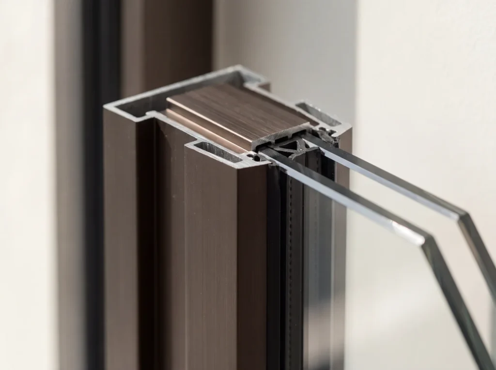 Section through an aluminum storefront mullion with the glass seated in the pocket