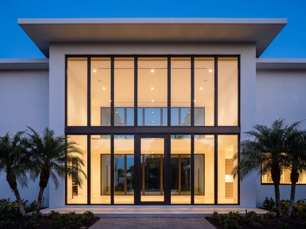 Double height residential storefront glass wall at a modern Florida house entry