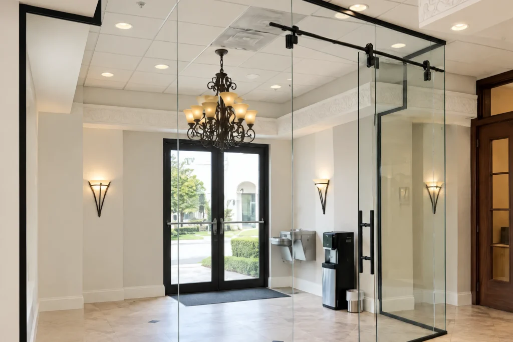 Frameless glass partition with a sliding door in a medical office lobby in Palm Beach Gardens