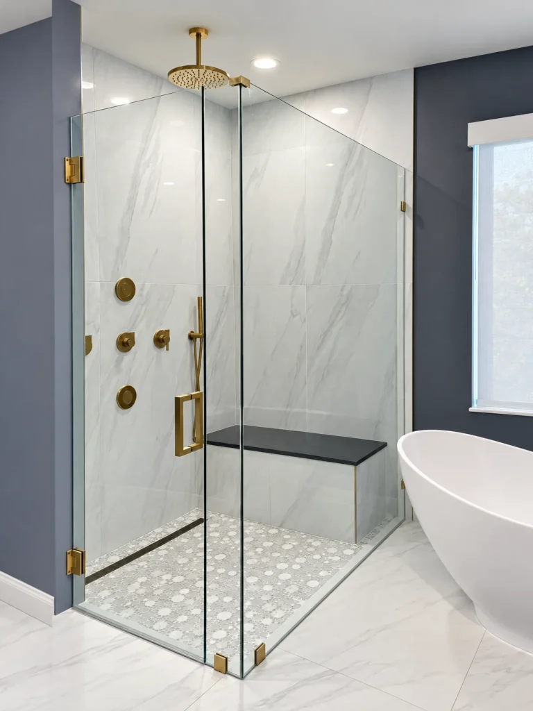 Frameless 90 degree corner shower enclosure with brass hardware next to a freestanding tub
