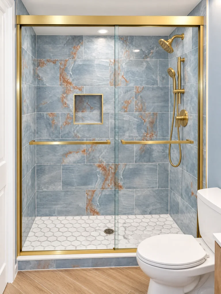 Bypass sliding shower door with brushed gold frame and blue marble tile