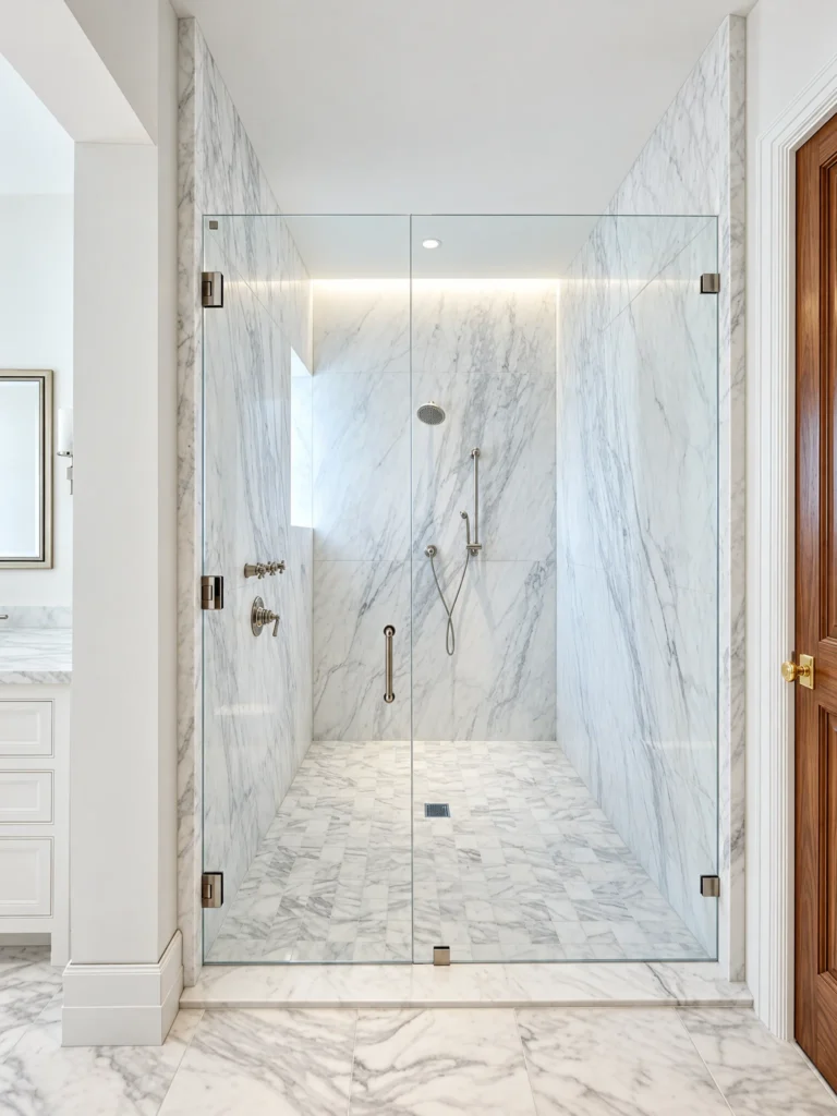 Frameless glass door and panel shower in a white marble bathroom