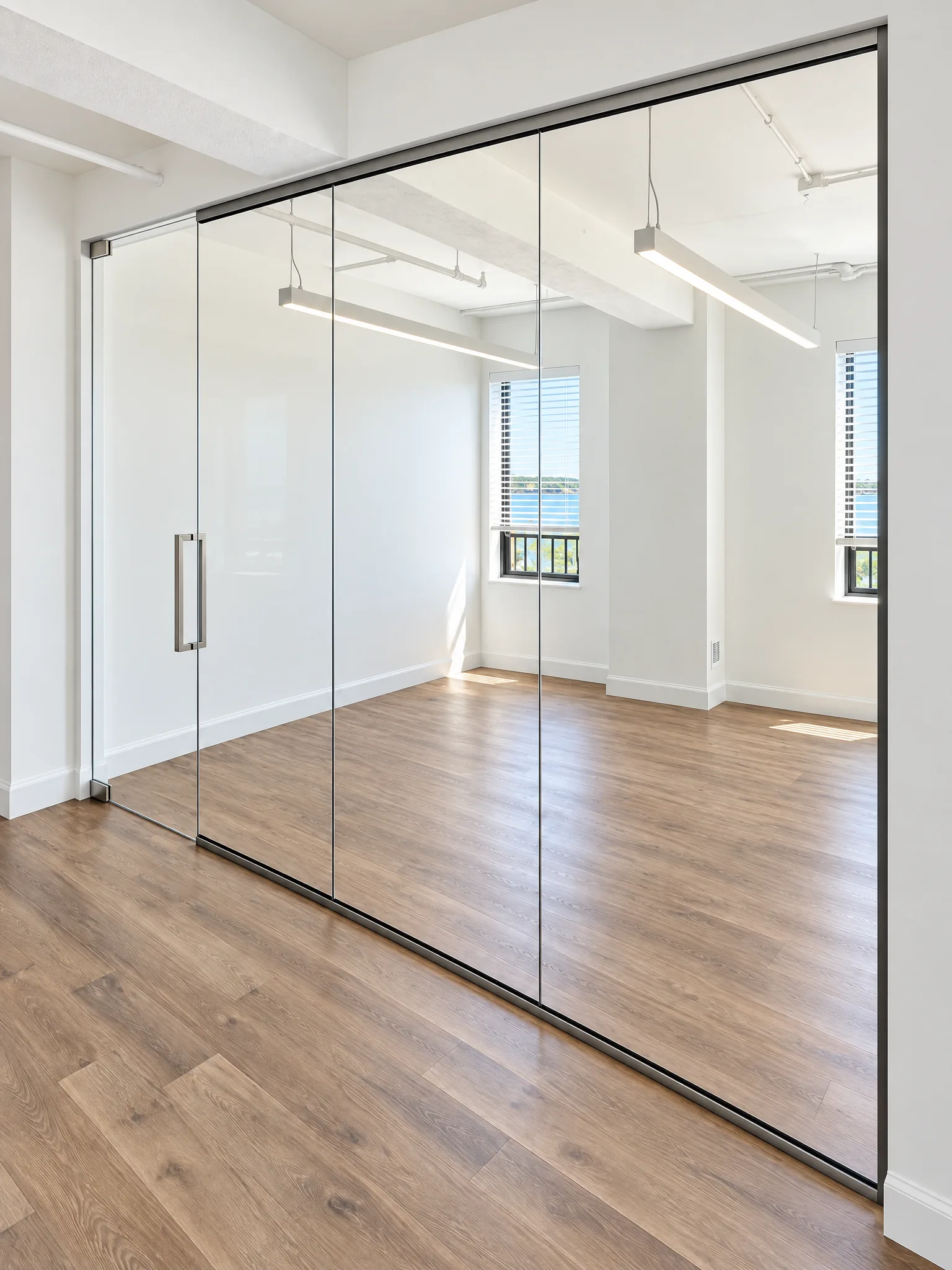 Frameless glass partition wall with a glass door in a bright room