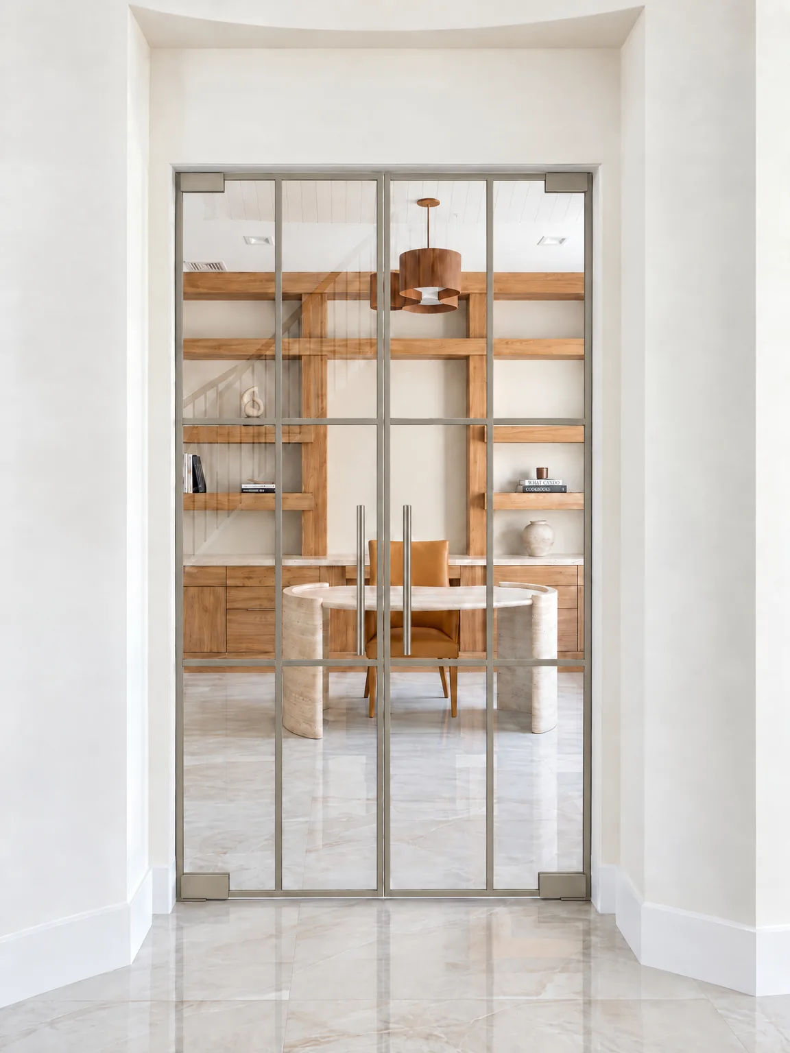 Criss-cross glass partition double doors in brushed nickel