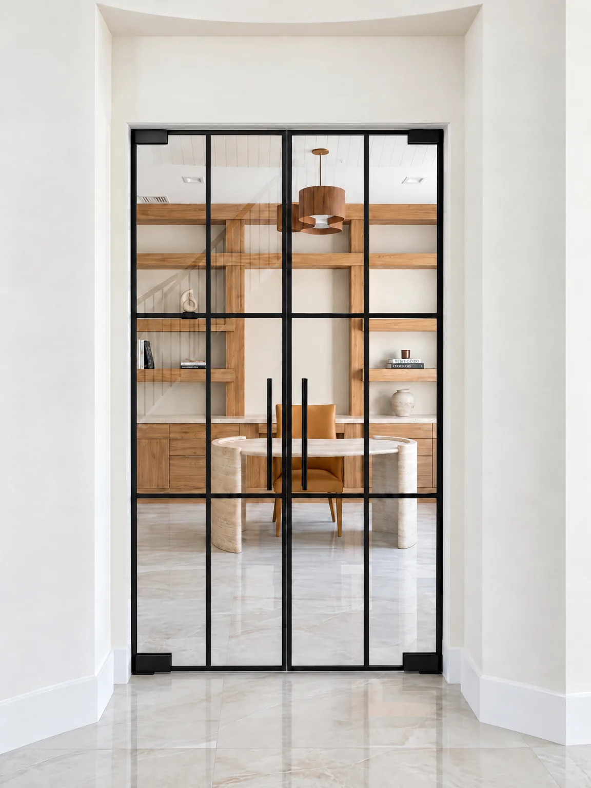 Criss-cross glass partition double doors in matte black