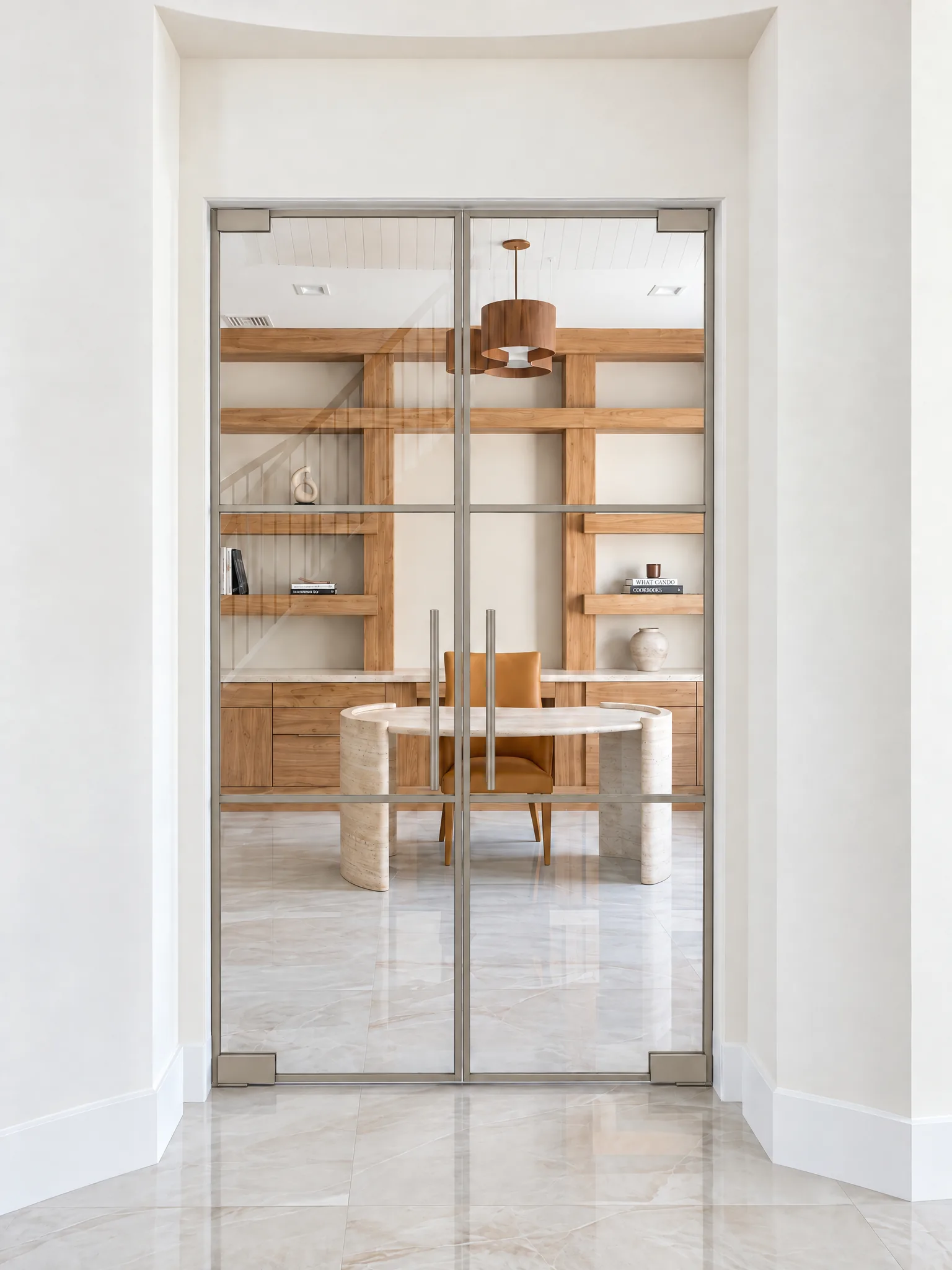 Brushed nickel grid glass partition double doors