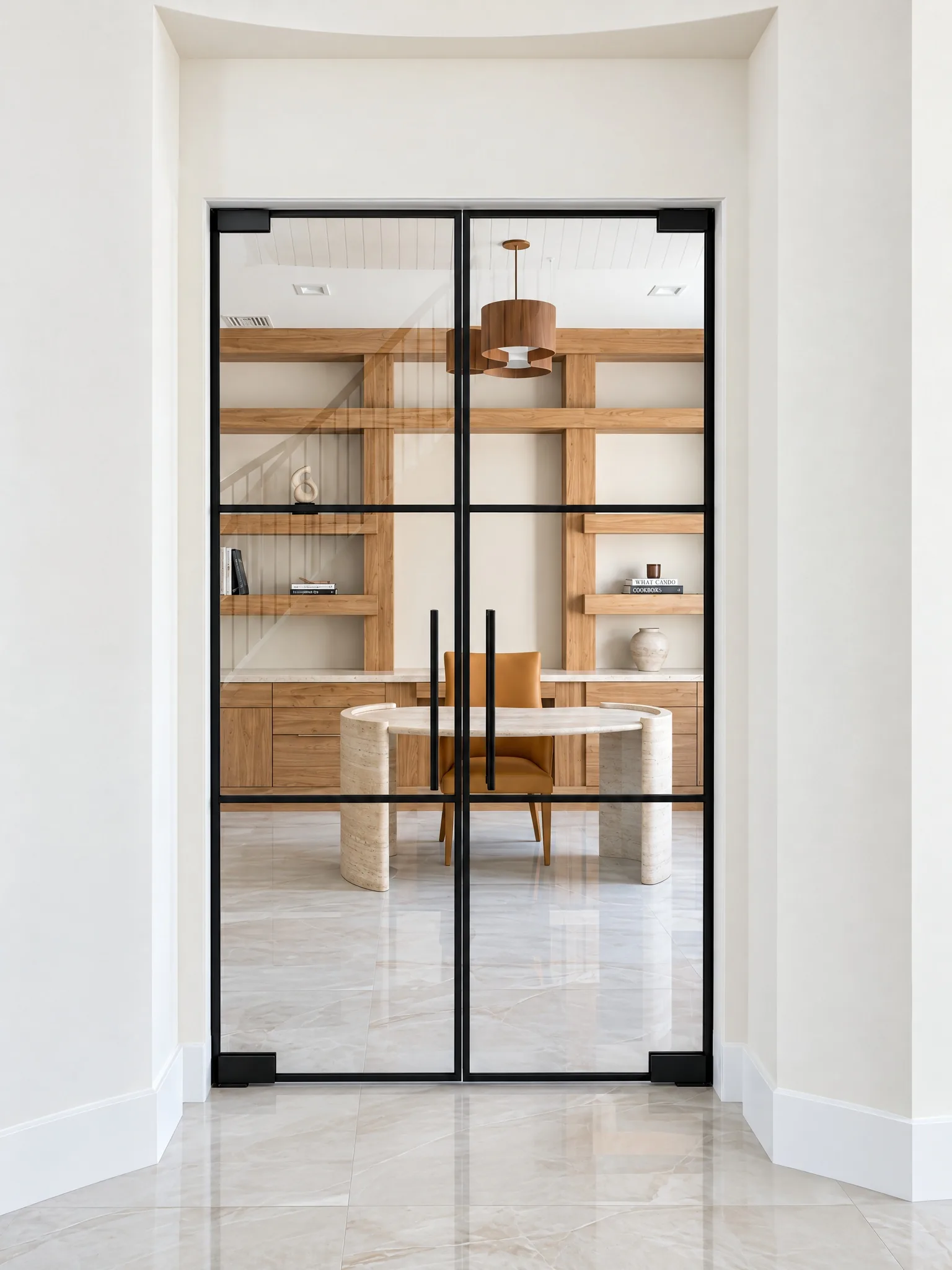 Horizontal glass partition double doors in matte black