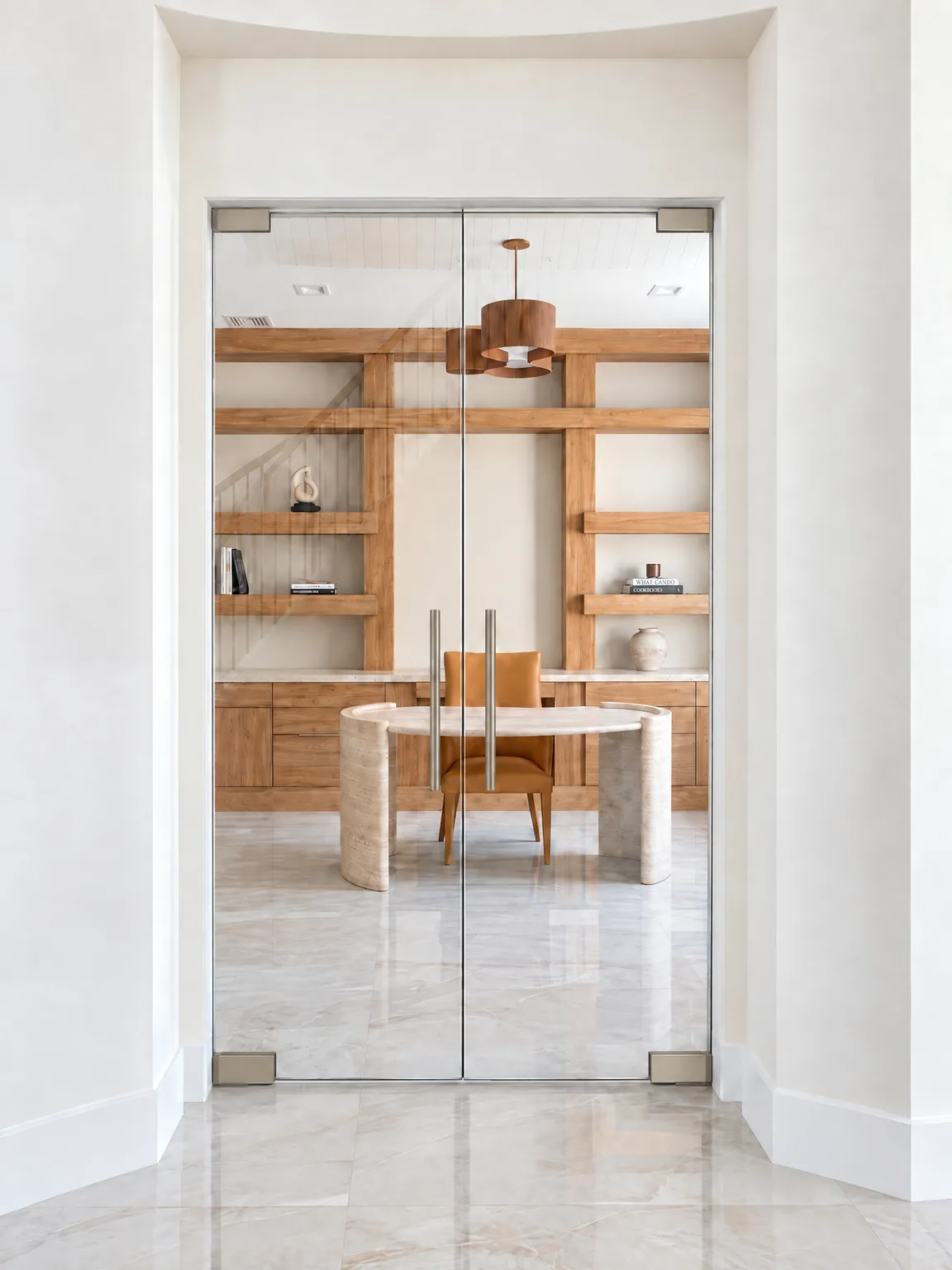 Frameless glass partition double doors in brushed nickel