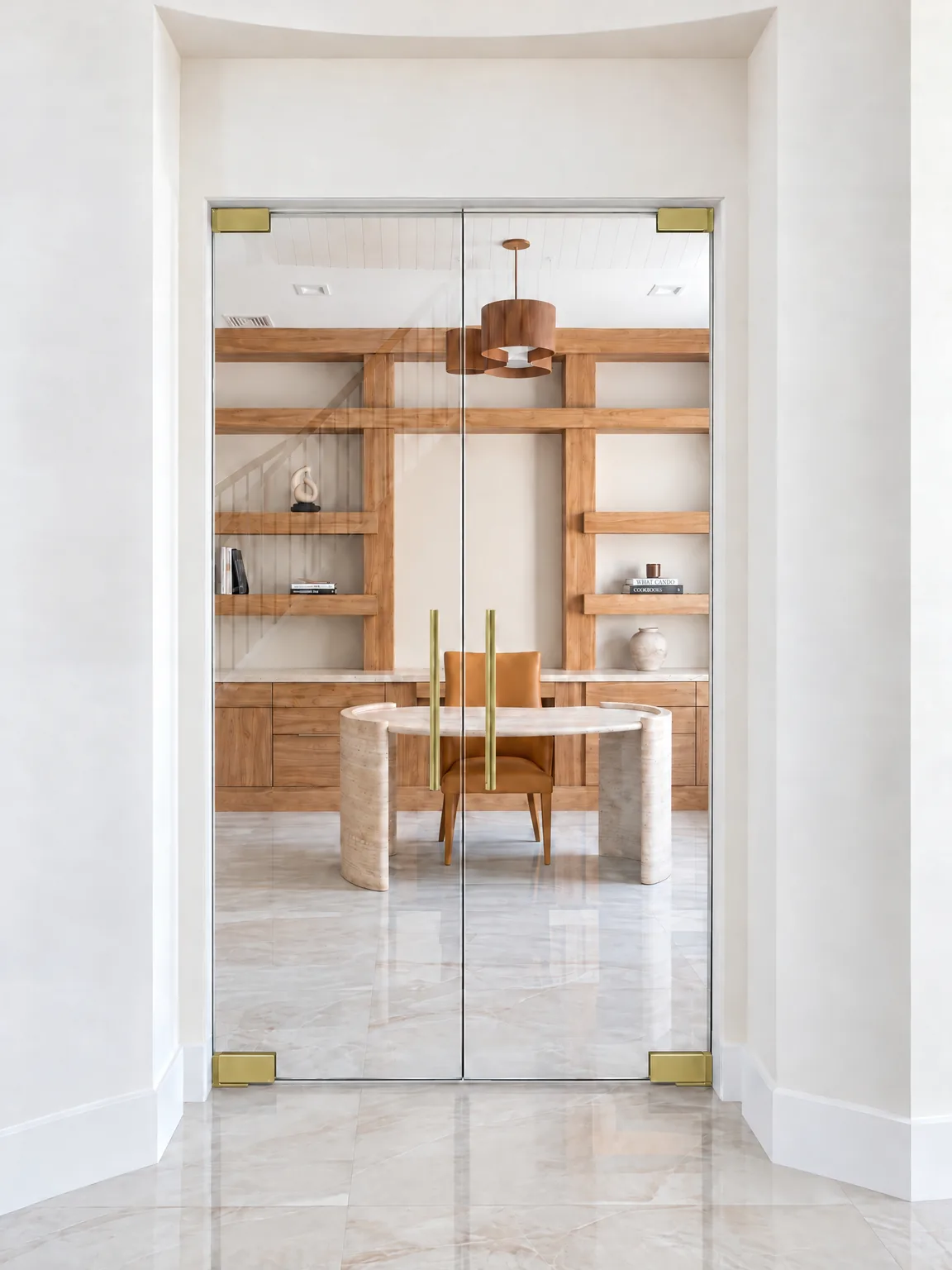 Frameless glass partition double doors in brushed gold