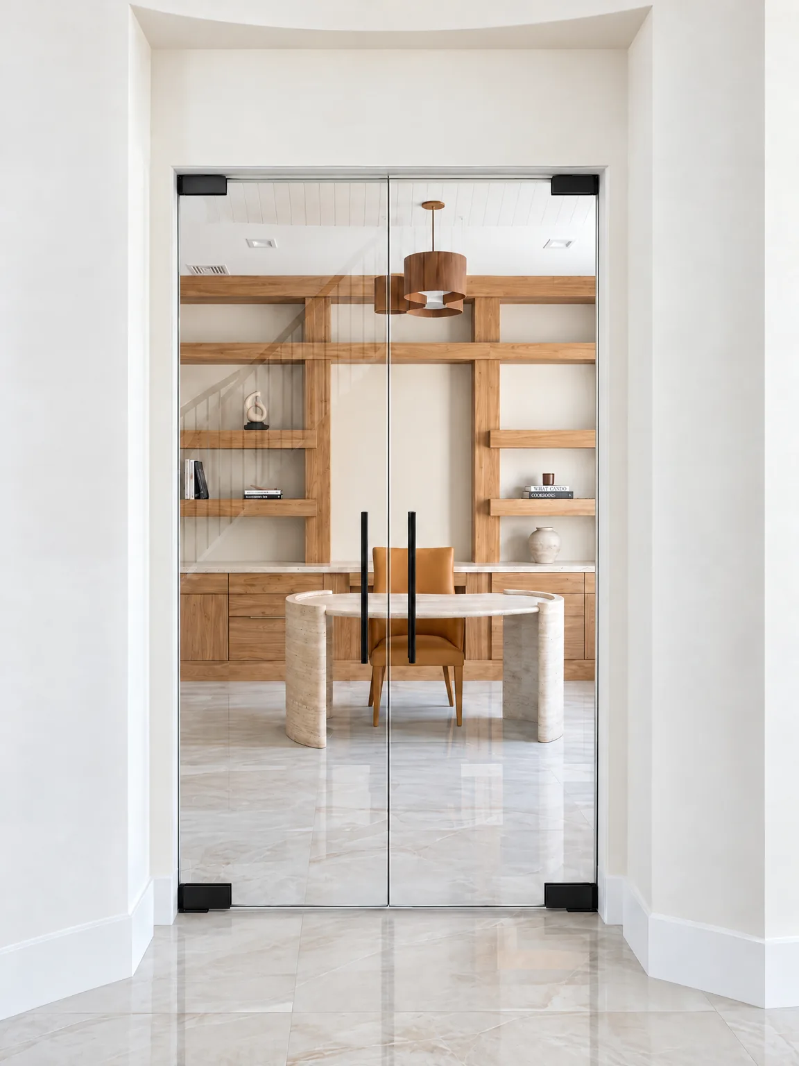 Frameless glass partition double doors in matte black