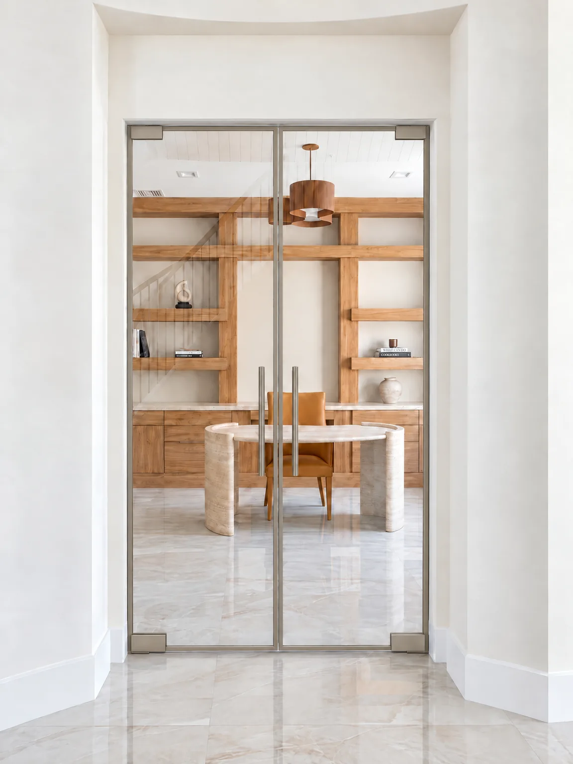 Perimeter glass partition double doors in brushed nickel