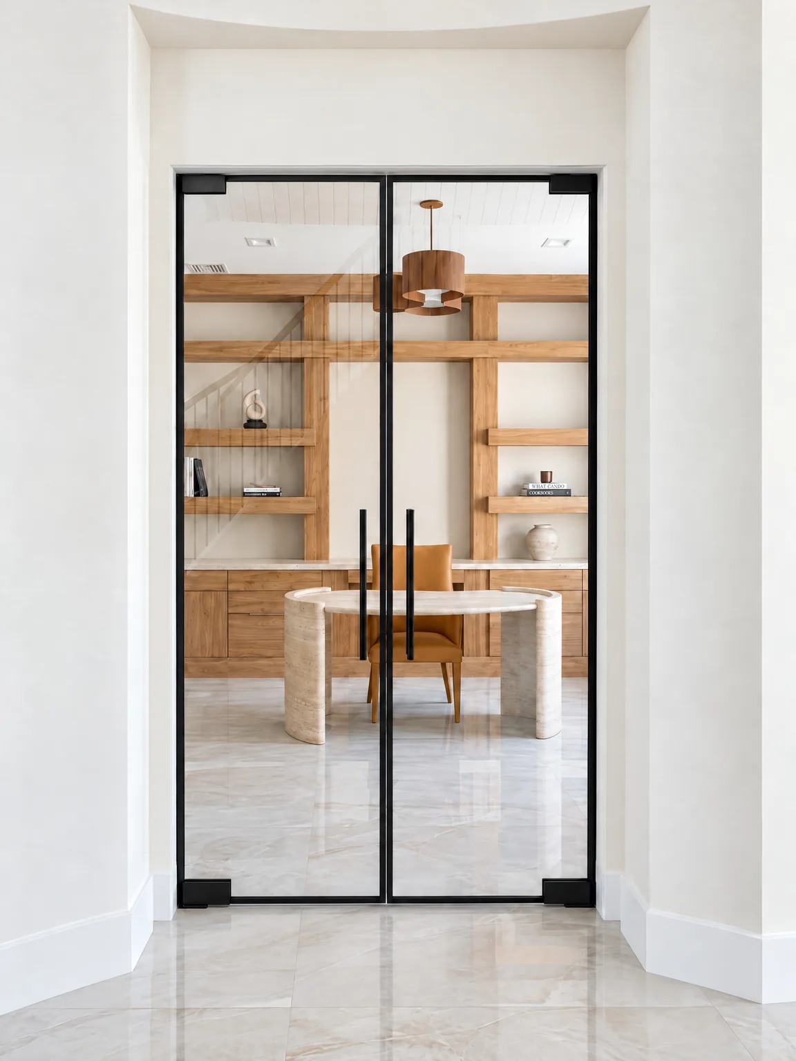 Perimeter glass partition double doors in matte black