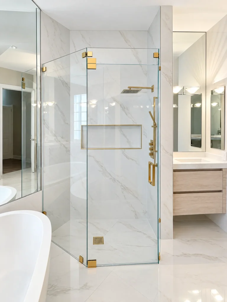 Frameless neo angle shower enclosure with satin brass hardware and white marble