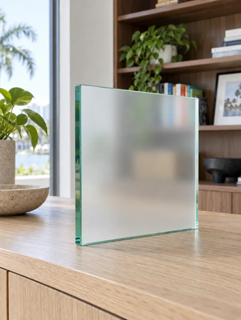 Sample of acid-etched glass that blurs the bookshelf behind it